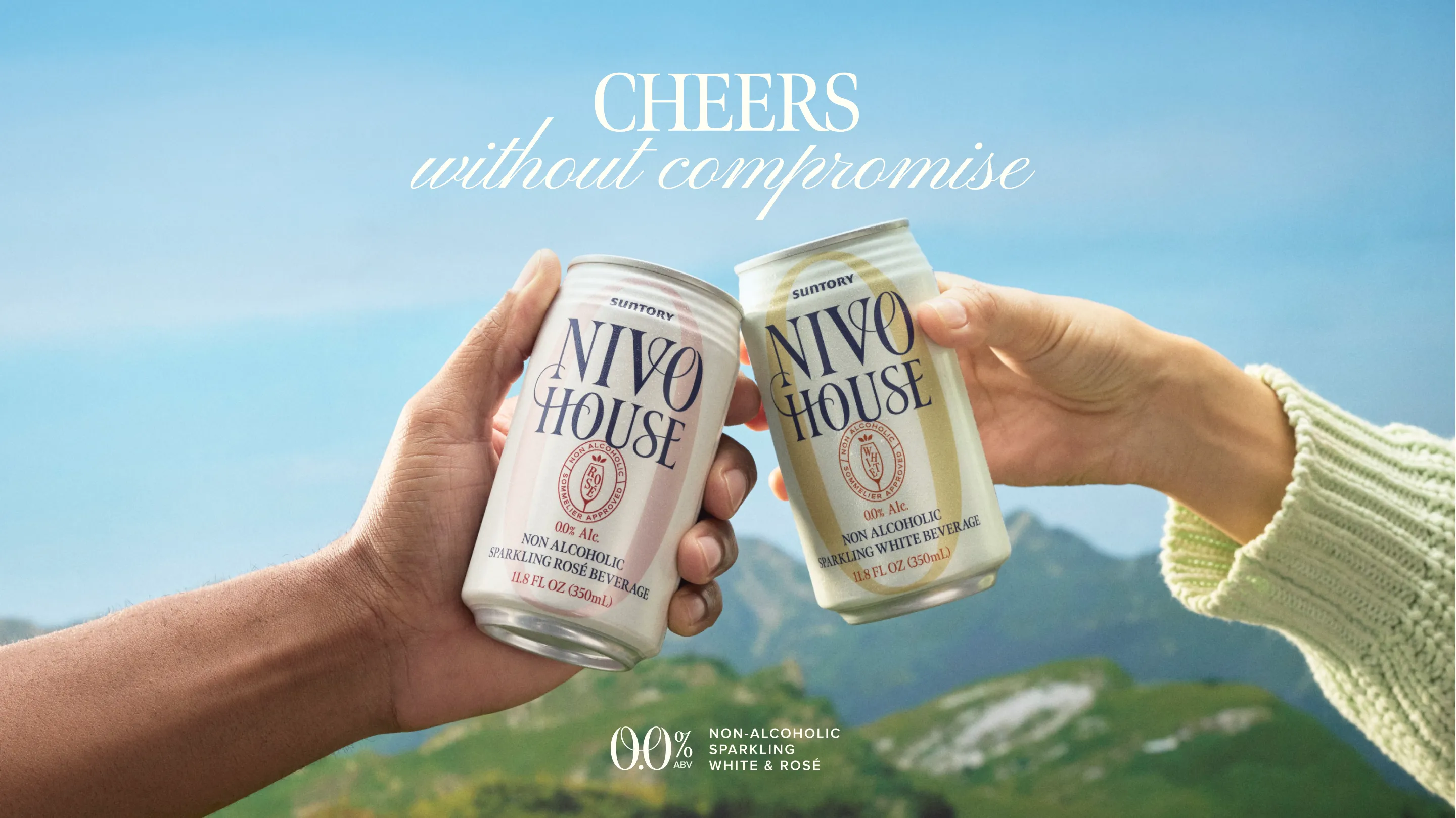 Outdoor Hands Toasting Sparkling Beverage Cans Mountain Landscape Text Overlay Nivo