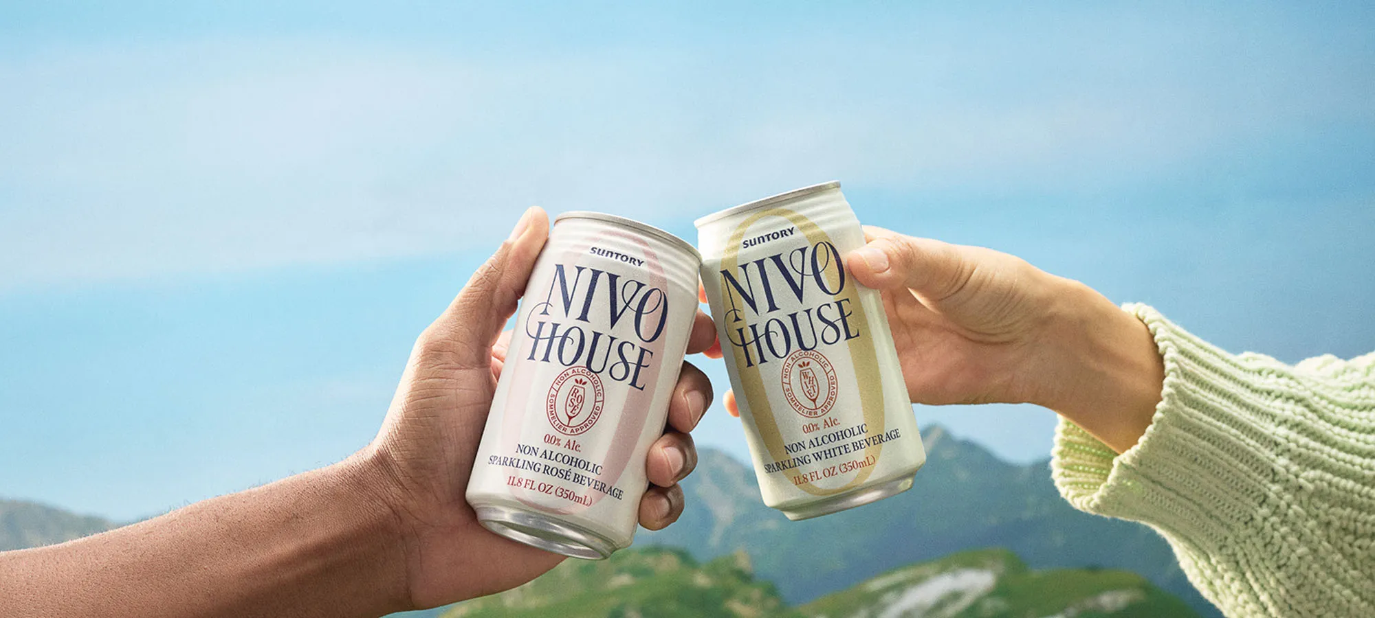 Hands Toasting Sparkling White Rosé Cans Mountain Landscape Outdoor Nivo