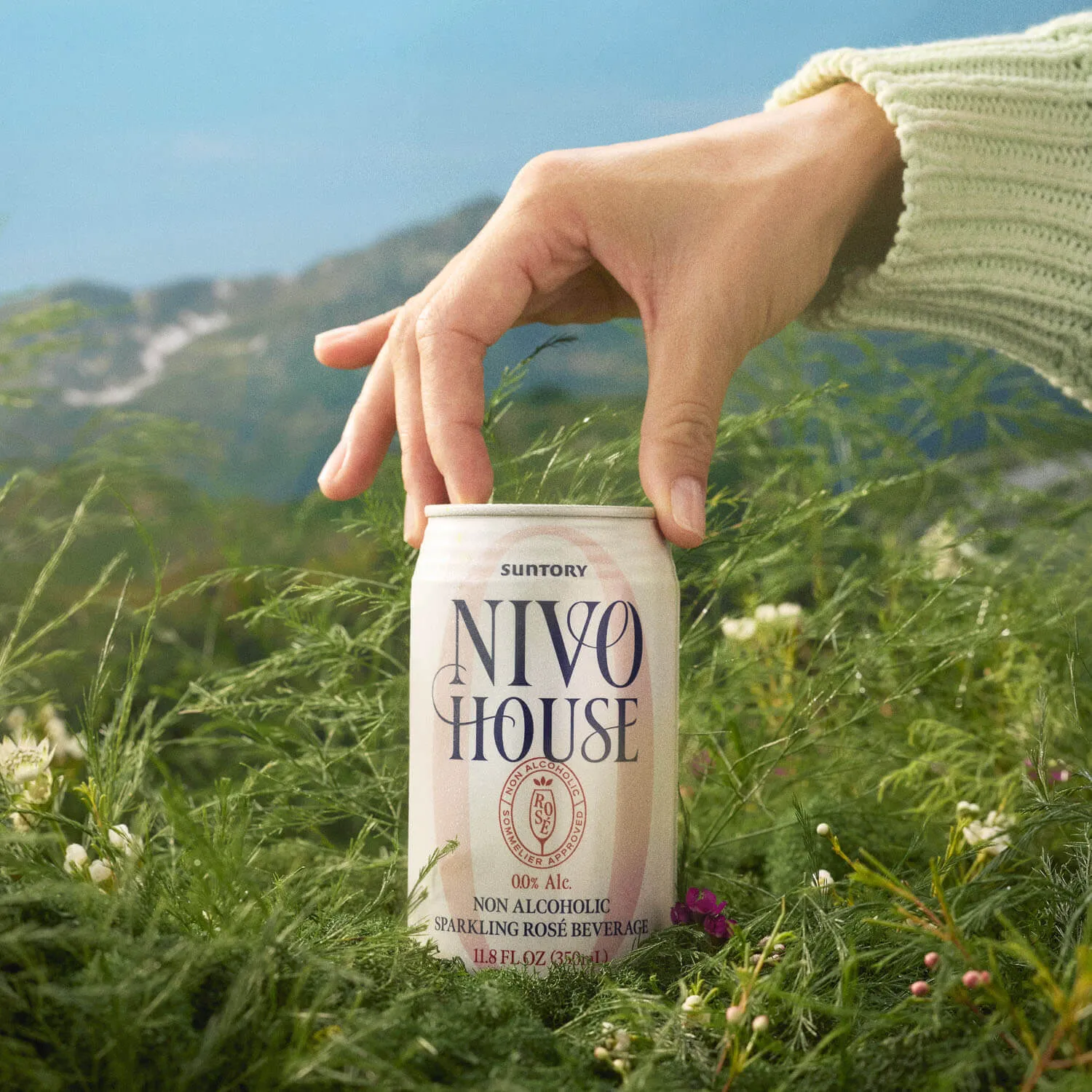 Alt Text: Hand Picking Sparkling Rosé Can Grass Meadow Mountain Outdoor Nivo