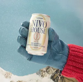 Winter Outdoor Gloved Hand Holding Sparkling Beverage Can Snowfall Mountains Nivo